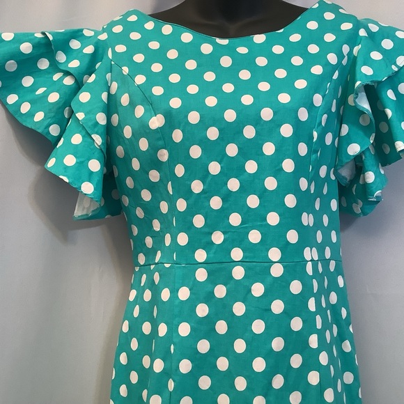 Sisjuly Dress Women’s Size Large Ruffle Sleeves Polka Dot Turquoise White - Picture 2 of 14